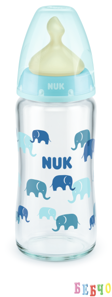 NUK First Choice стъклено шише Temperature Control 240мл. с каучуков биберон за хранене 0-6мес. М