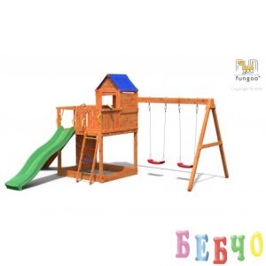 Fungoo TREEHOUSE дървена детска площадка с пързалка и люлки