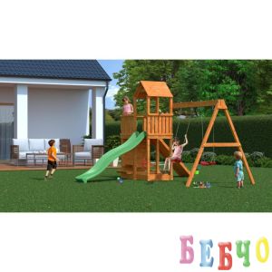 Fungoo FLOPPI дървена детска площадка с пързалка и люлки